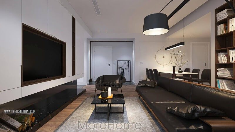 Thiết kế nội thất phòng khách với tone màu đối lập đen trắng ấn tượng