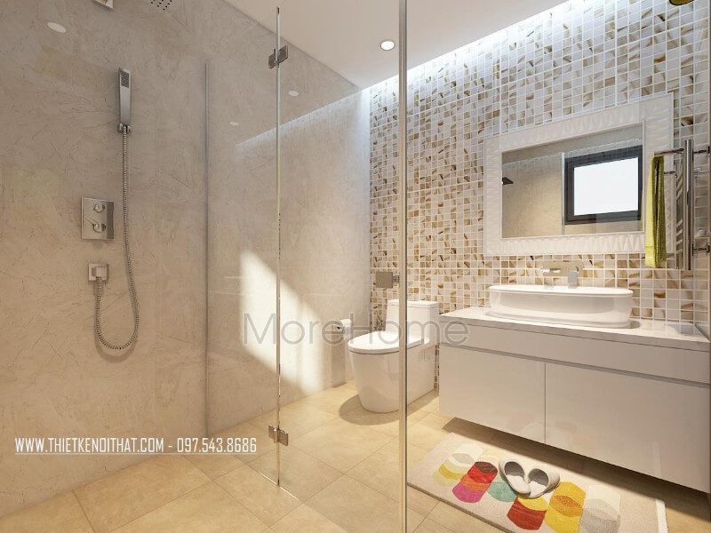Vách kính tắm cường lục được kiến trúc sư lựa chọn cho không gian phòng tắm, mang lại cảm giác cơi nới thêm cho không gian thêm rộng rãi hơn