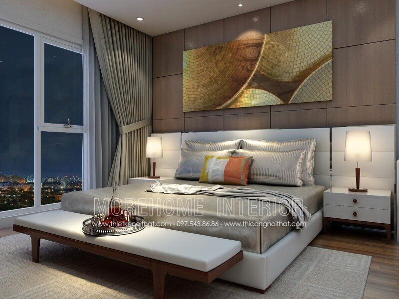 Mẫu giường ngủ bọc da kết hợp phần mảng đầu giường bọc da được thiết kế rộng tạo sự nhẹ nhàng và thoải mái cho người dùng