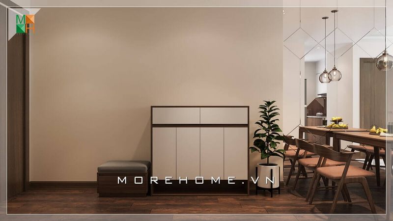 Mẫu thiết kế đôn gỗ kết hợp sofa cạnh tủ giày có tính năng để ngồi tháo và đi giày rất ấn tượng và sang trọng.