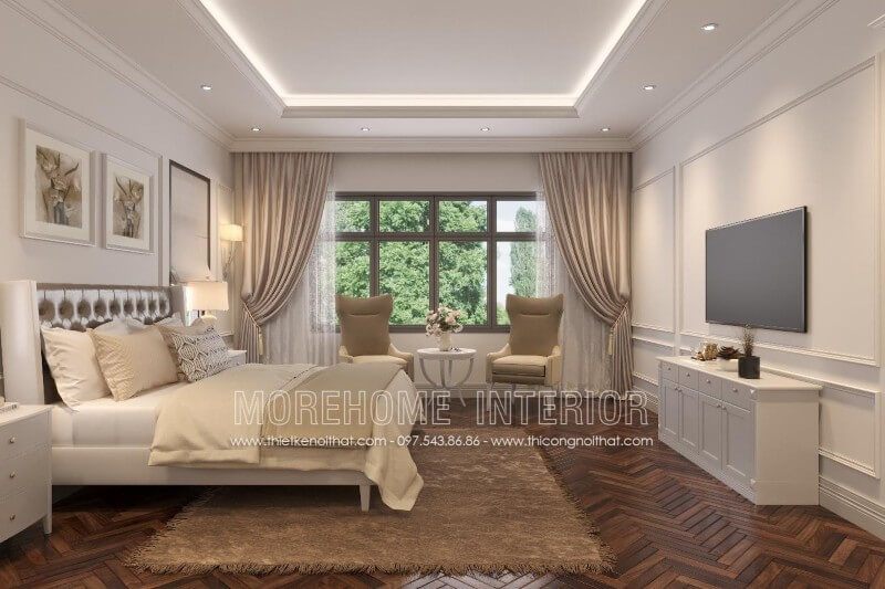 Nội thất phòng ngủ hiện đại kết hợp với chất liệu gỗ công nghiệp phun sơn trắng bệt cao cấp tạo nên sự thanh thoát và sang chảnh hơn giường ngủ giá rẻi