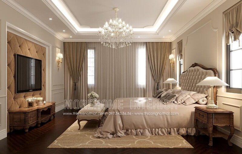 Để trang trí nội thất phòng ngủ biệt thự đẹp, sử dụng một chiếc táp đầu giường gỗ óc chó tân cổ điển tinh tế.